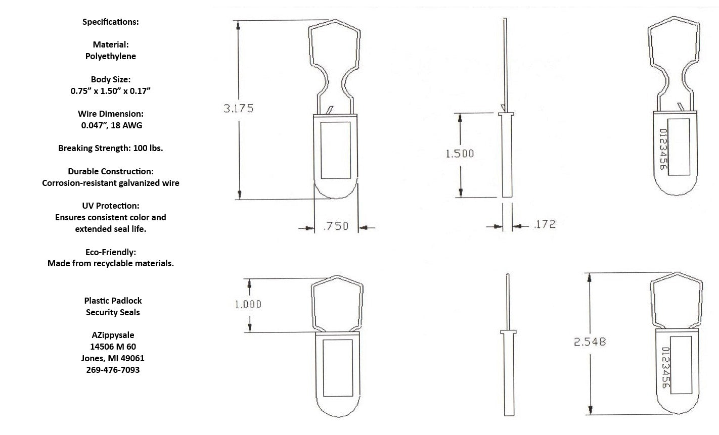 Plastic Wire Padlock Electric Meter Security Seals Sequentially Numbered Grey Pack of 100